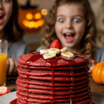 A child's eyes are wide with delight looking at a spooky and dramatic stack of homemade "Bloody Pancakes" at a fun family Halloween breakfast.