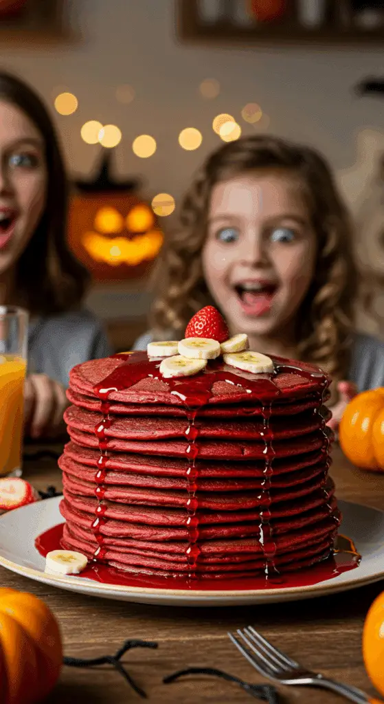 A child's eyes are wide with delight looking at a spooky and dramatic stack of homemade "Bloody Pancakes" at a fun family Halloween breakfast.