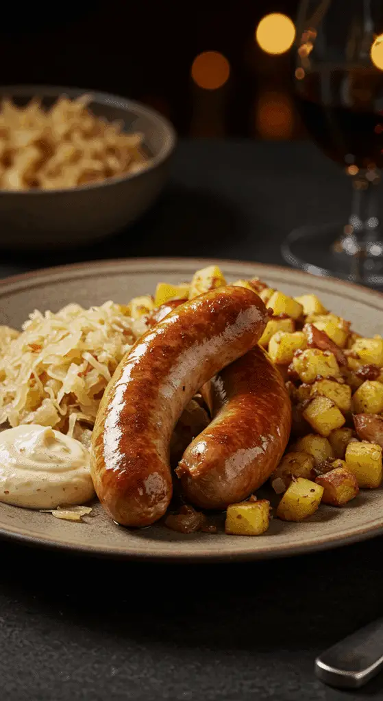 A beautiful, rustic plate of homemade, golden-brown Bratwurst, served with a generous portion of a warm apple-potato hash and sauerkraut.