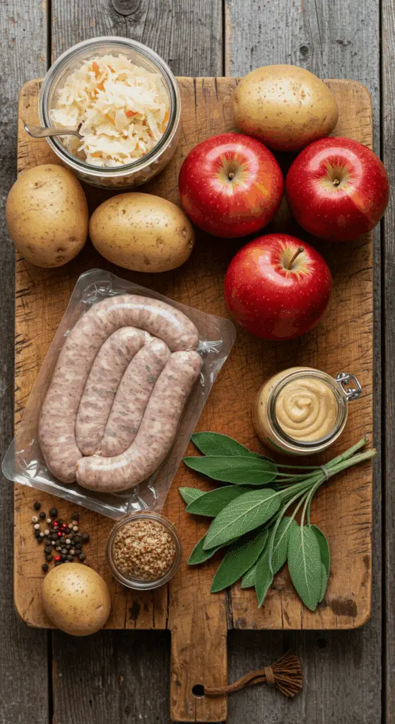 The fresh, from-scratch ingredients for the classic Bratwurst with Sauerkraut and Apple-Potato Hash recipe.