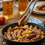 The finished skillet of homemade Bratwurst and Apple-Potato Hash being served at a fun, festive Oktoberfest-style dinner.