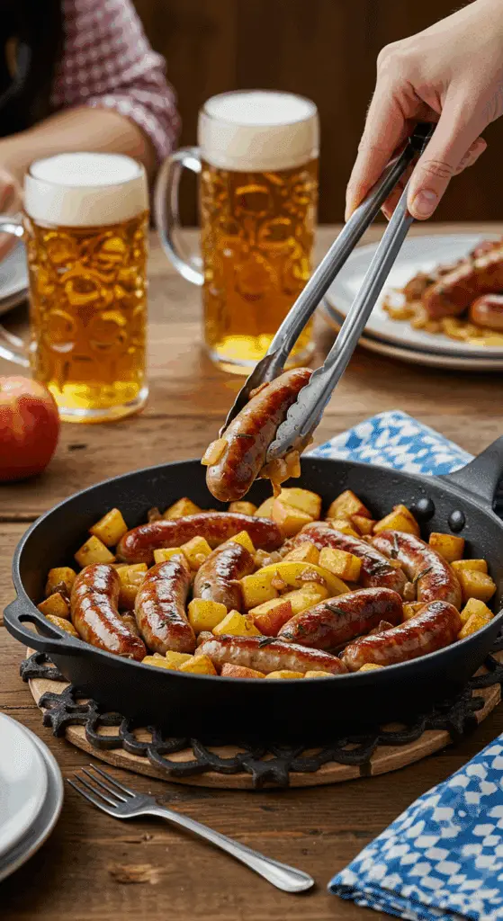 The finished skillet of homemade Bratwurst and Apple-Potato Hash being served at a fun, festive Oktoberfest-style dinner.