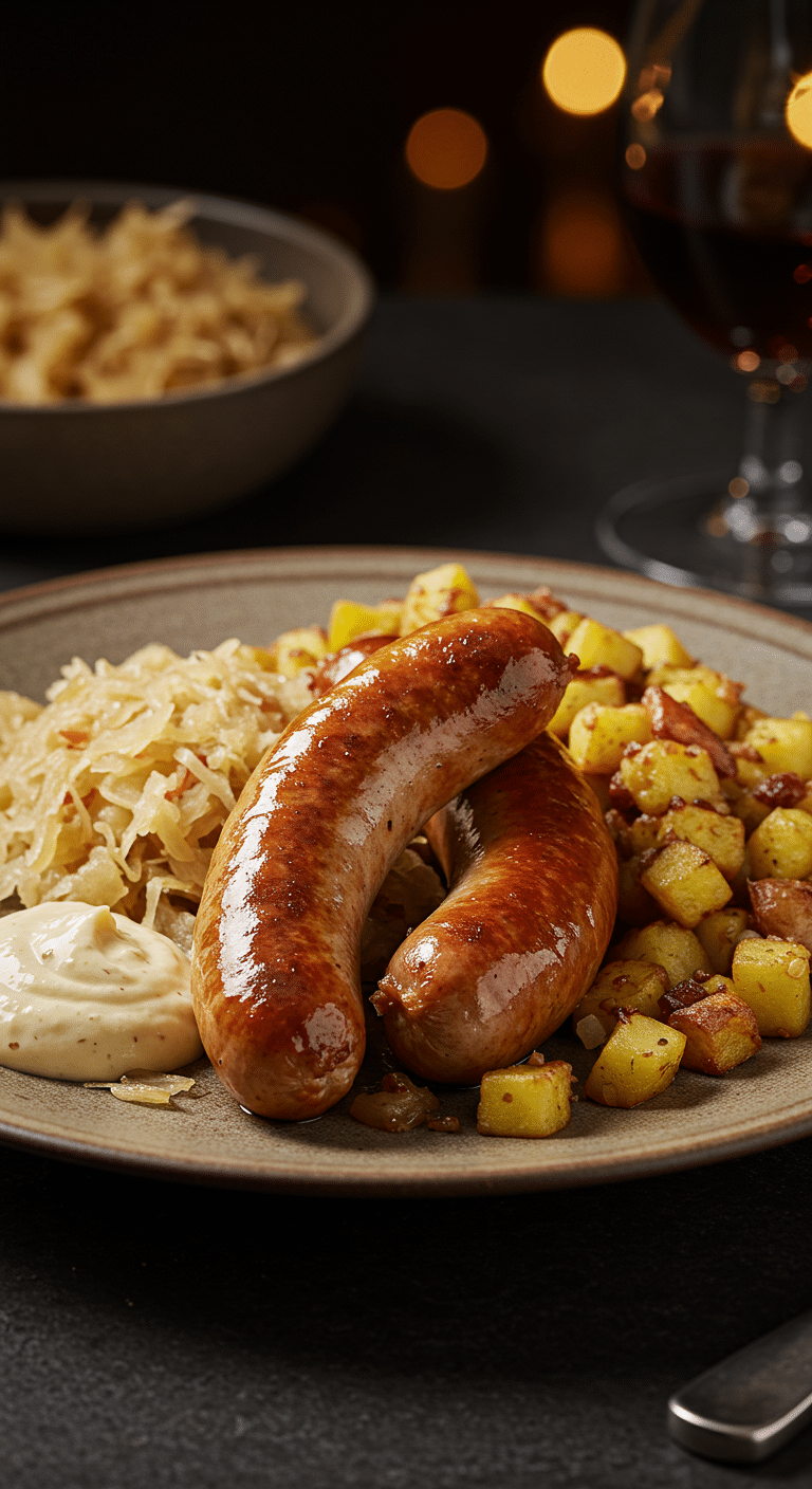 A beautiful, rustic plate of homemade, golden-brown Bratwurst, served with a generous portion of a warm apple-potato hash and sauerkraut.
