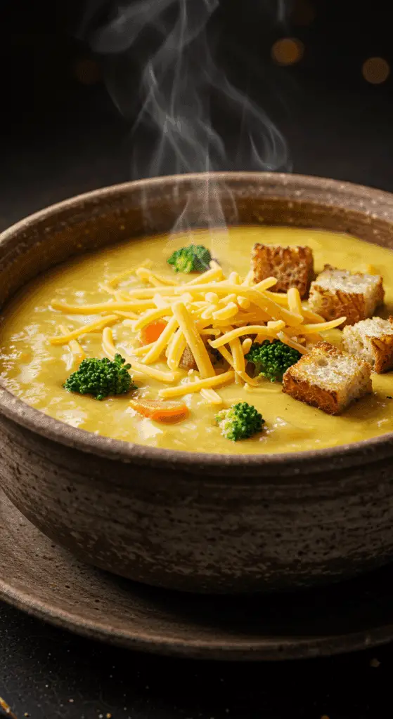 A beautiful, rustic bowl of homemade, creamy, and cheesy Broccoli Cheddar Soup, garnished with shredded cheddar and croutons.