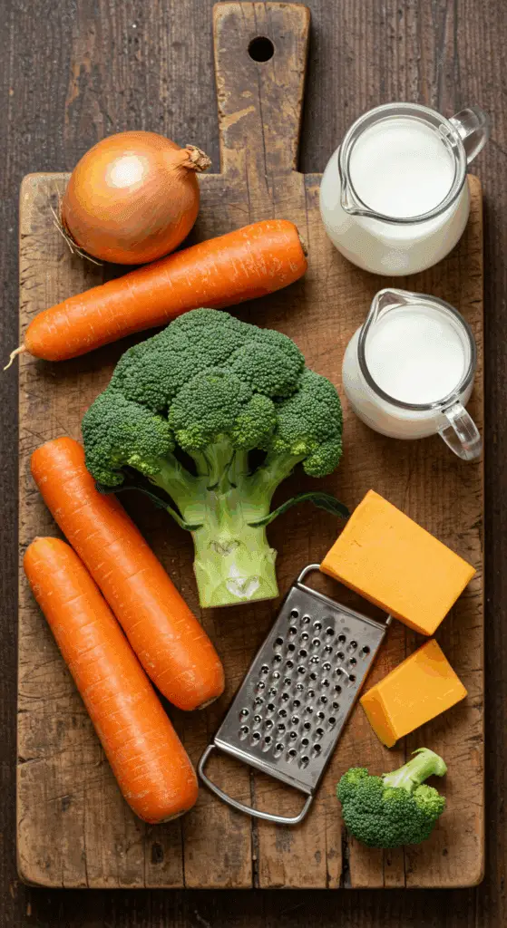 The fresh, from-scratch ingredients for the classic and creamy Broccoli Cheddar Soup recipe.