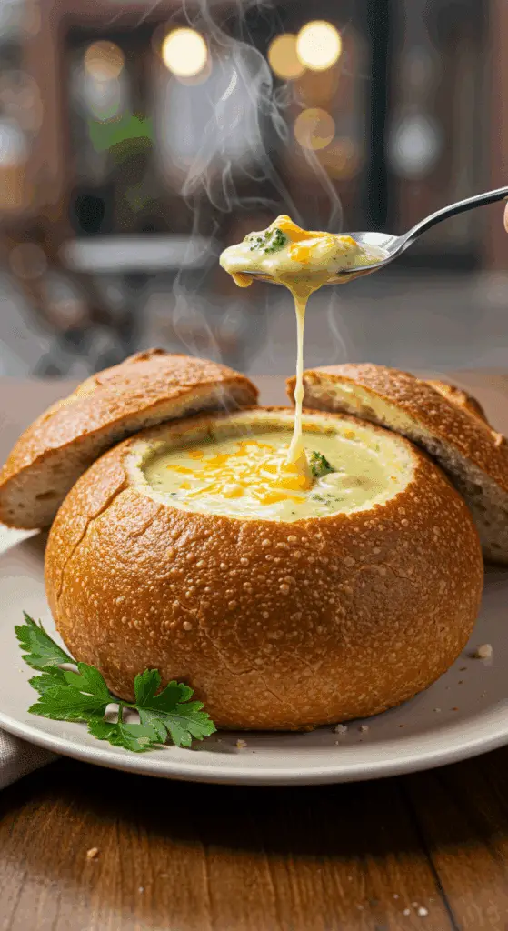 A cozy, hollowed-out sourdough bread bowl filled with homemade, creamy Broccoli Cheddar Soup.