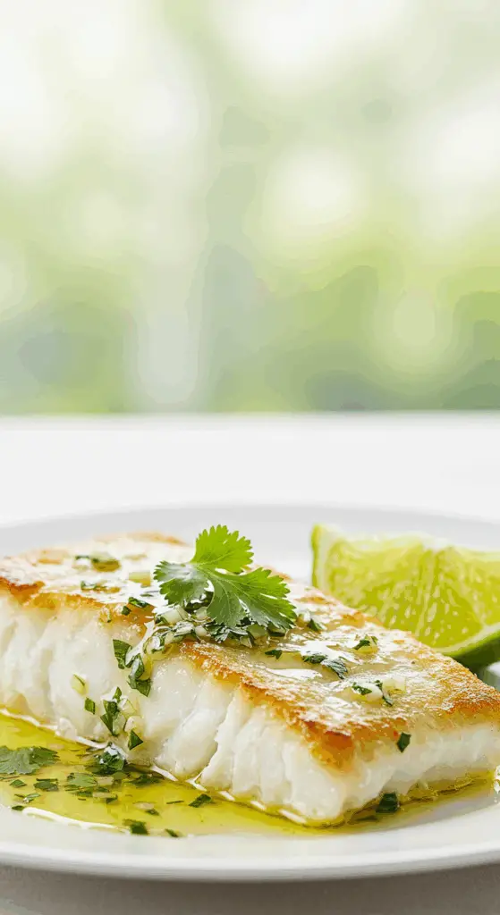 A beautiful, plated serving of homemade, perfectly Broiled Haddock, drizzled with a vibrant, fresh lime-cilantro butter sauce.