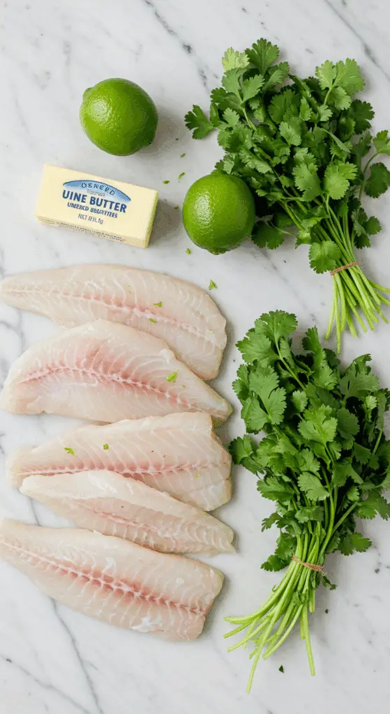 The simple, fresh ingredients for the healthy, from-scratch Broiled Haddock with a lime-cilantro butter sauce.
