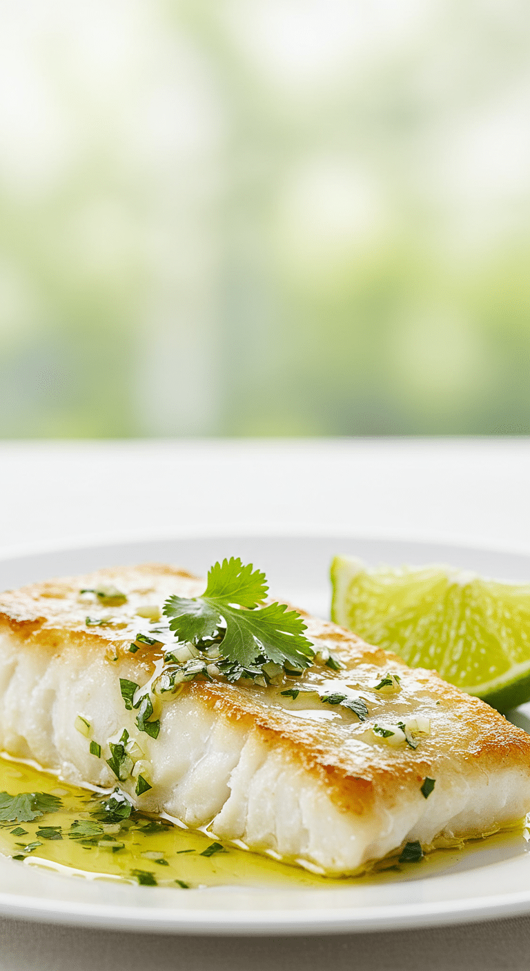 A beautiful, plated serving of homemade, perfectly Broiled Haddock, drizzled with a vibrant, fresh lime-cilantro butter sauce.