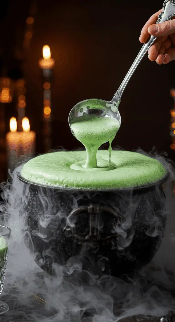 A beautiful, large, cauldron-shaped punch bowl of a homemade, spooky, and green Bubbling Cauldron Punch, with a thick, frothy foam on top and a dry ice fog effect.