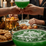 A hand holding an elegant glass of the homemade, frothy, and green Bubbling Cauldron Punch at a fun and sophisticated Halloween party.