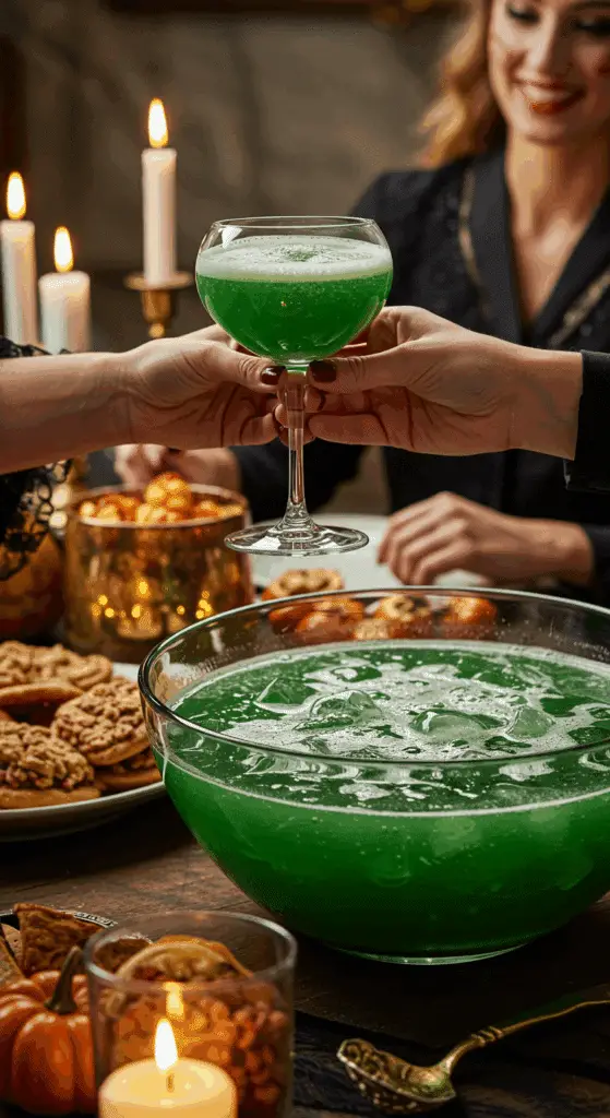 A hand holding an elegant glass of the homemade, frothy, and green Bubbling Cauldron Punch at a fun and sophisticated Halloween party.