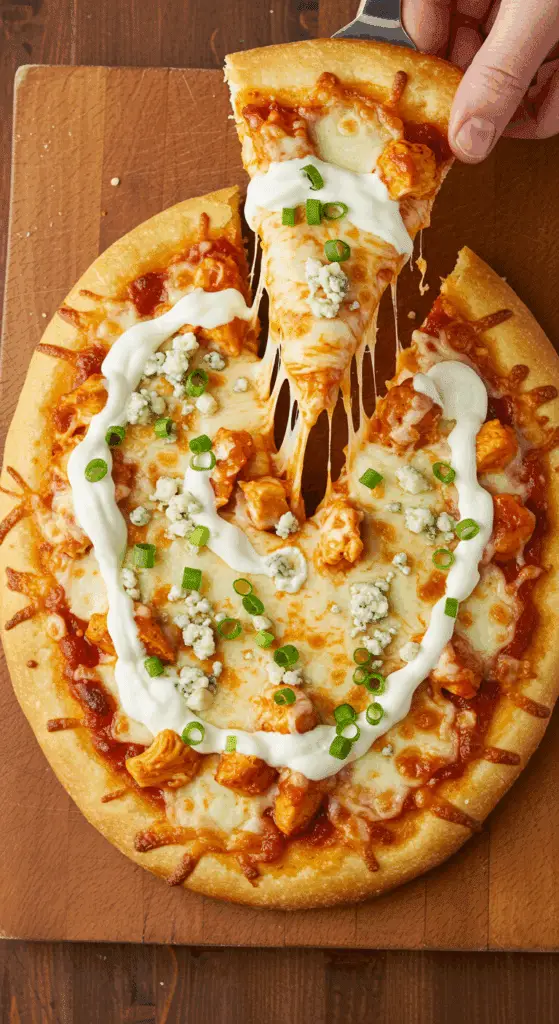A beautiful, overhead shot of a homemade, crispy Buffalo Chicken Flatbread, with a gooey, cheesy slice being lifted to show a long cheese pull.
