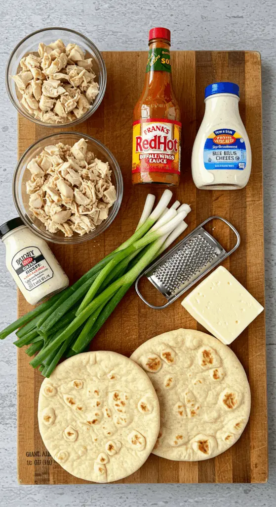 The simple, from-scratch ingredients for the easy and quick Buffalo Chicken Flatbread recipe.