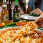 A large platter of homemade, crispy and cheesy Buffalo Chicken Flatbread being served at a fun and casual game day party.