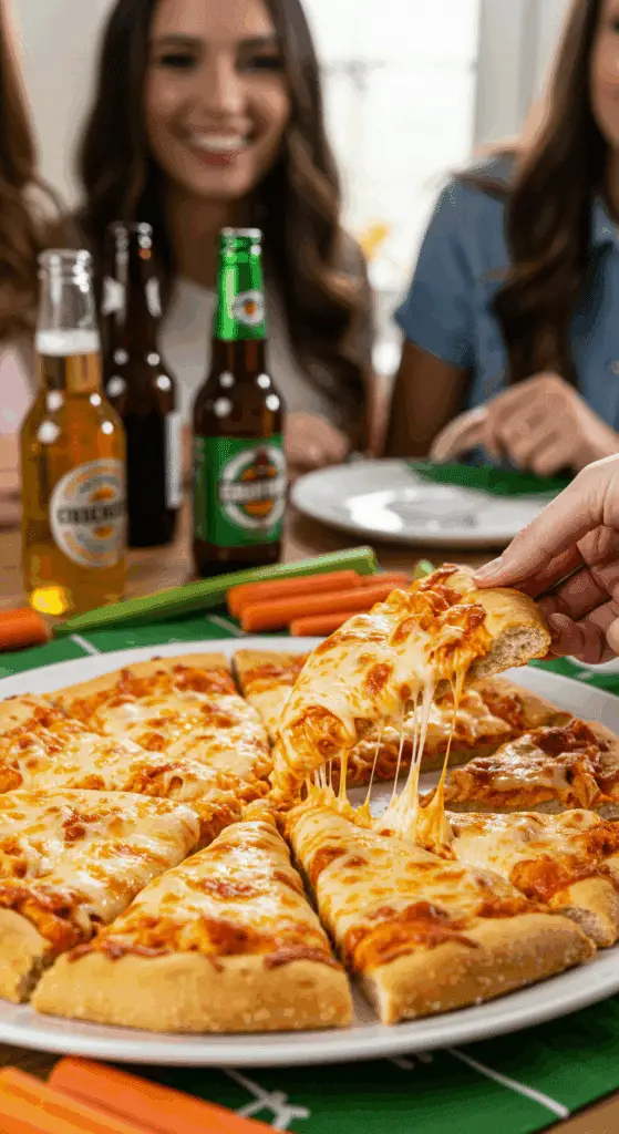 A large platter of homemade, crispy and cheesy Buffalo Chicken Flatbread being served at a fun and casual game day party.