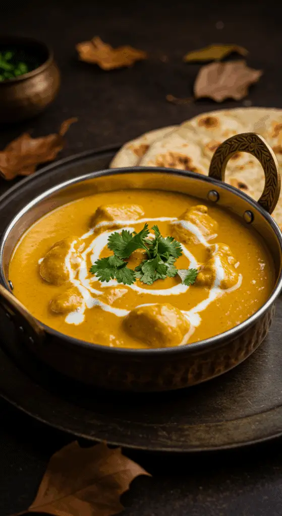 A beautiful, rustic bowl of homemade, creamy, and orange Butternut Squash Butter Chicken, garnished with a swirl of coconut milk and fresh cilantro.