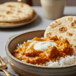 A cozy bowl of homemade, creamy Butternut Squash Butter Chicken served over a bed of basmati rice for a delicious dinner.
