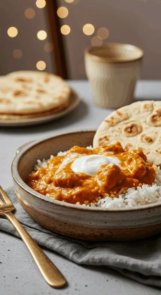 A cozy bowl of homemade, creamy Butternut Squash Butter Chicken served over a bed of basmati rice for a delicious dinner.