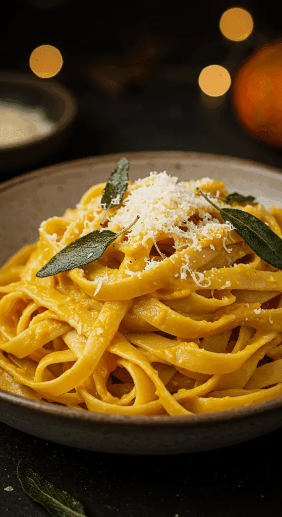 A beautiful, rustic bowl of homemade, creamy Butternut Squash Pasta, with a luscious, velvety golden-orange sauce coating the fettuccine noodles.