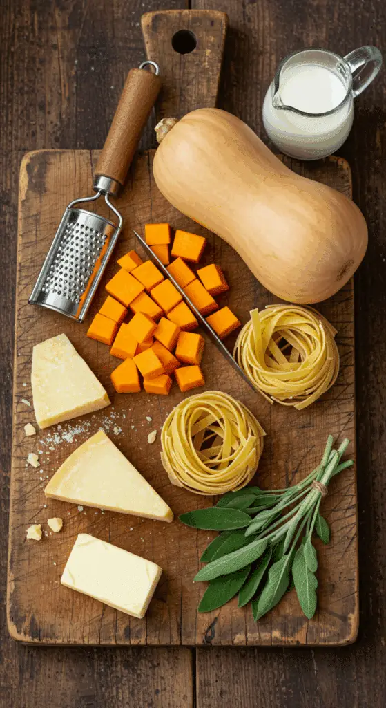 The simple, fresh ingredients for the creamy and healthy from-scratch Butternut Squash Alfredo Pasta recipe.
