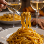 An elegant plate of homemade, creamy Butternut Squash Pasta being enjoyed for a sophisticated and cozy, candlelit fall dinner.