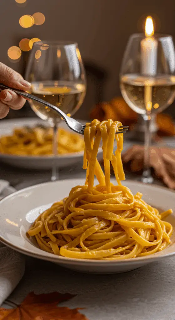 An elegant plate of homemade, creamy Butternut Squash Pasta being enjoyed for a sophisticated and cozy, candlelit fall dinner.