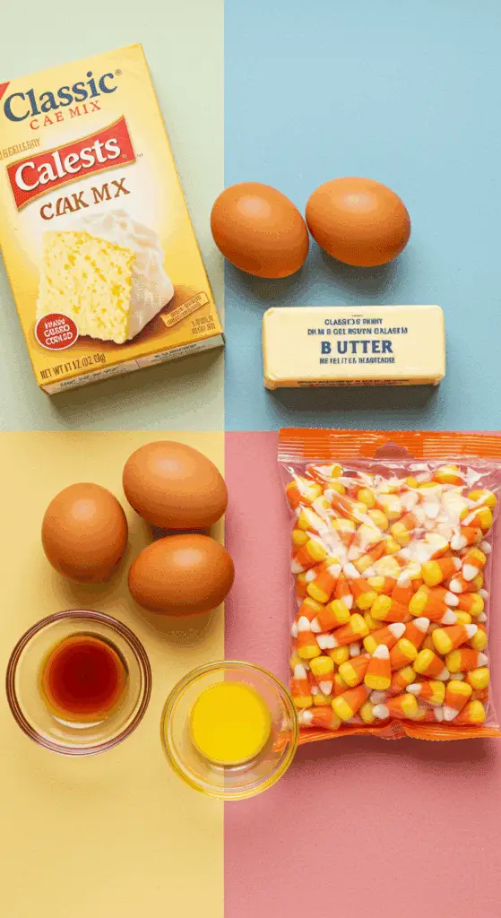 The simple, from-scratch ingredients for the easy and fun Surprise-Inside Candy Corn Cake recipe.