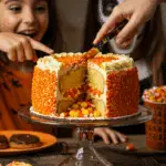 The finished, impressive Candy Corn Cake being sliced for the first time at a fun family Halloween party, with the surprise candy corn spilling out.