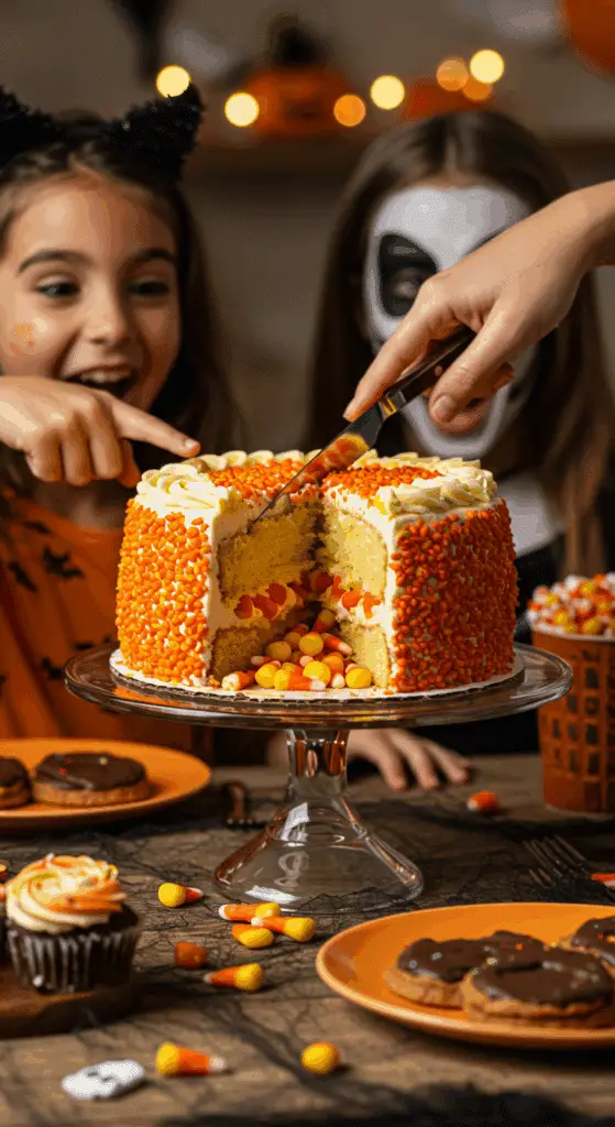 The finished, impressive Candy Corn Cake being sliced for the first time at a fun family Halloween party, with the surprise candy corn spilling out.