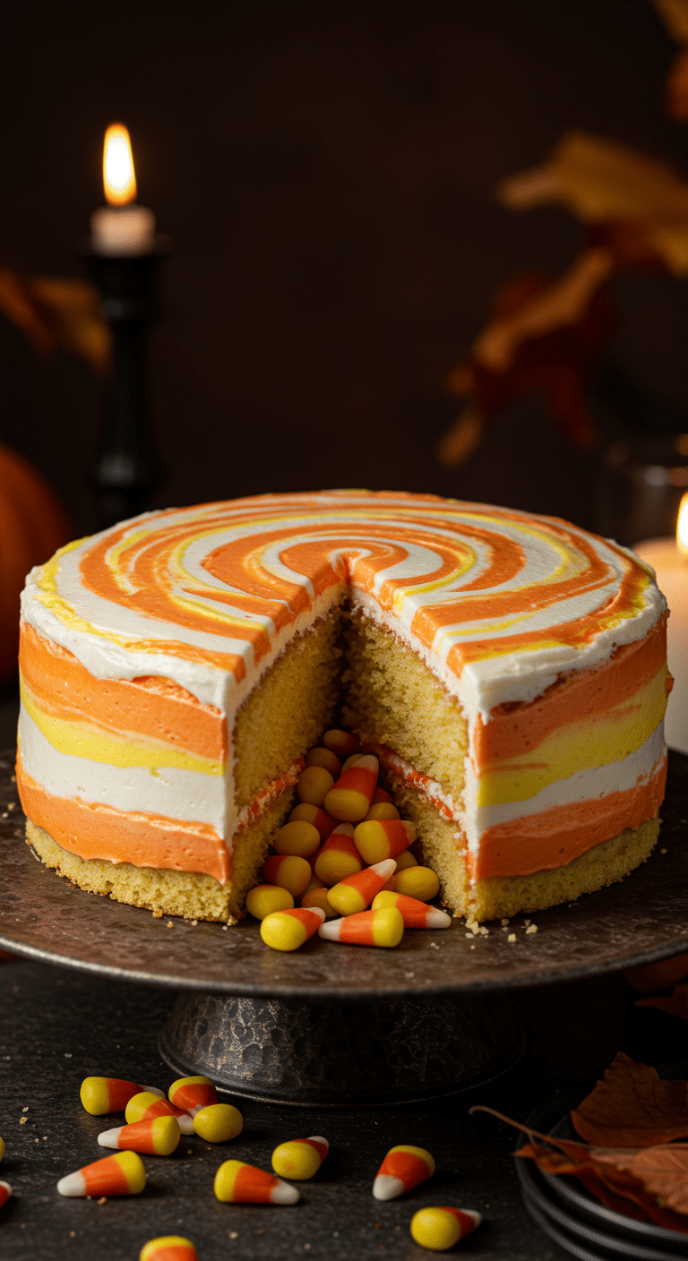 A beautiful, homemade, whole Candy Corn Cake with a vibrant, striped frosting, with a single slice cut out to reveal a surprise, spilling center of real candy corn.