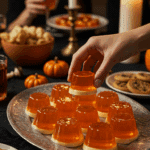 A large platter of homemade, spooky, and colorful Candy Corn Jell-O Shots being served at a fun and sophisticated Halloween party.