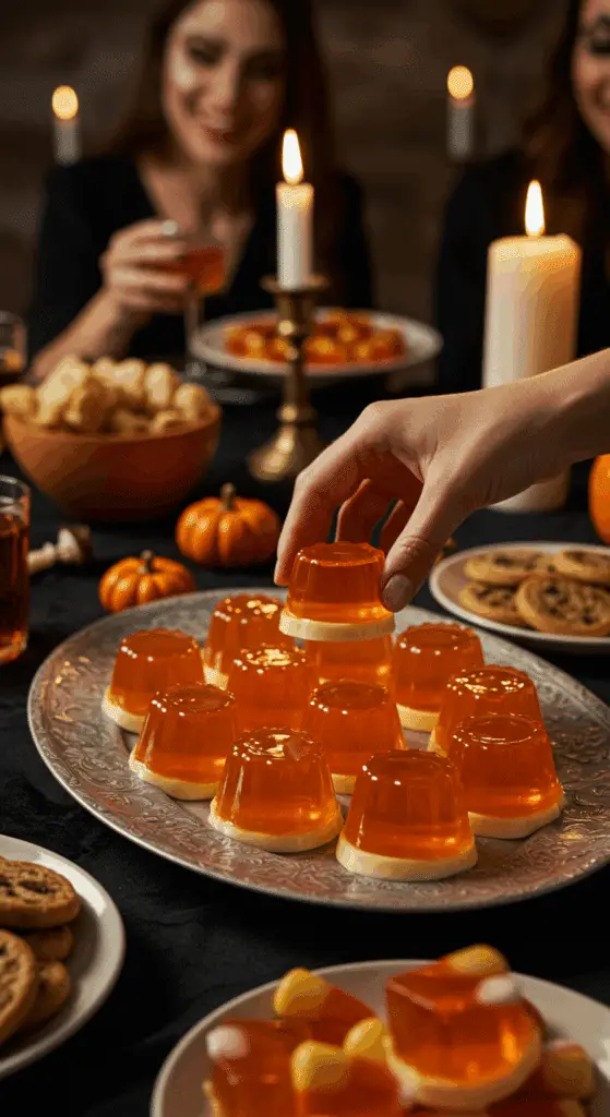 A large platter of homemade, spooky, and colorful Candy Corn Jell-O Shots being served at a fun and sophisticated Halloween party.