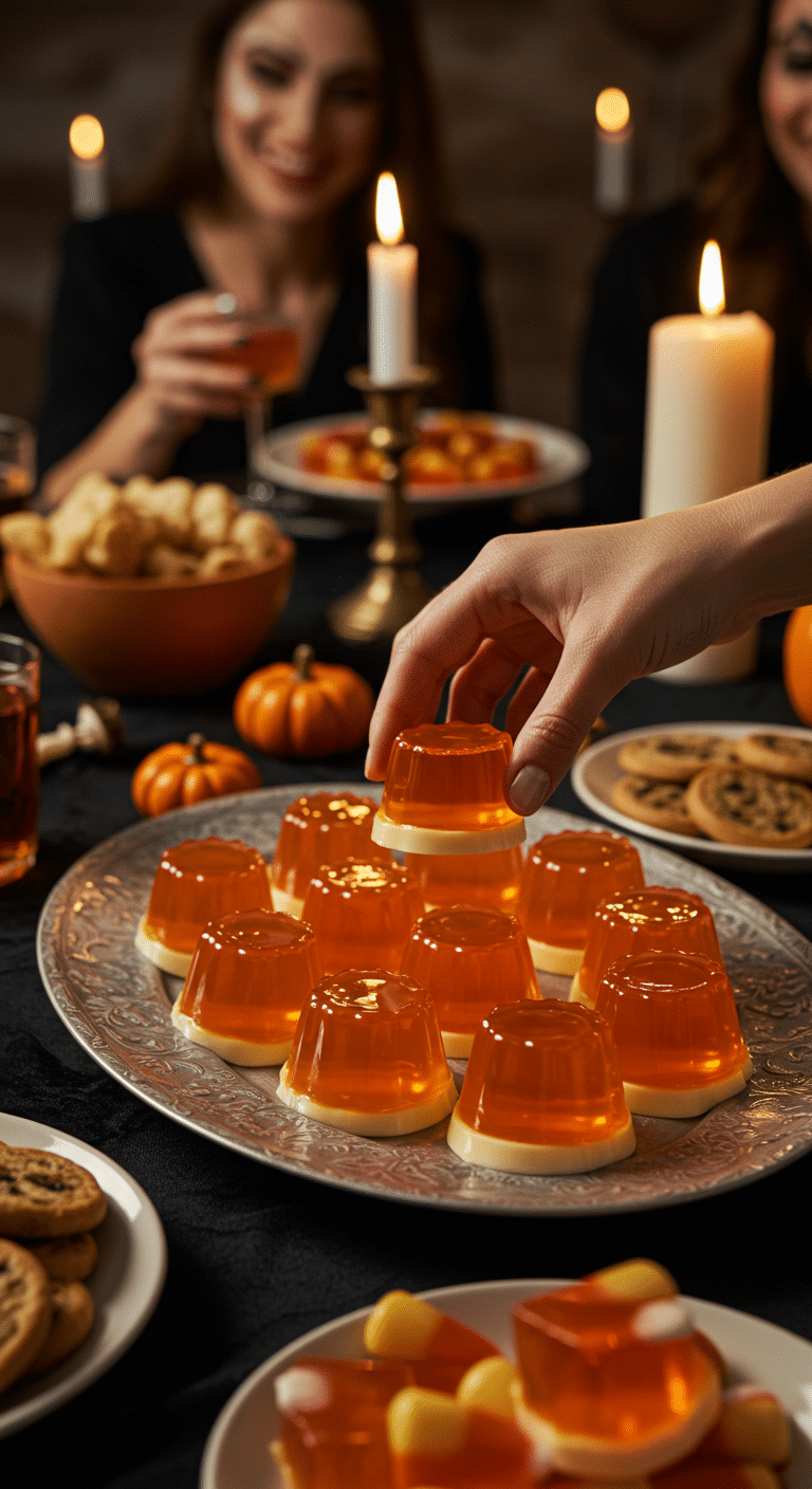 A large platter of homemade, spooky, and colorful Candy Corn Jell-O Shots being served at a fun and sophisticated Halloween party.