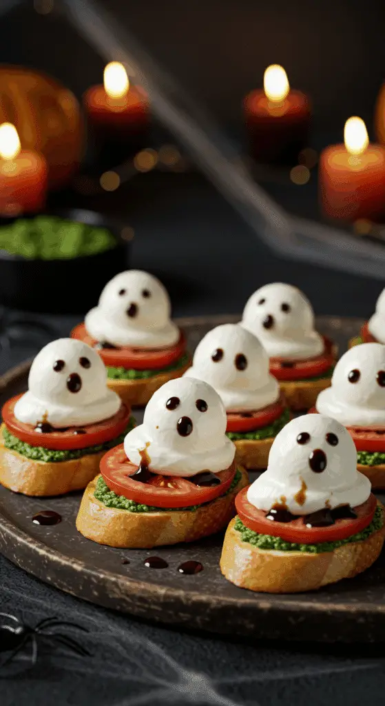 A beautiful, rustic platter of homemade, spooky, and adorable Caprese Crostini Ghosts, with white, fresh mozzarella ghosts on top of a tomato and pesto crostini.