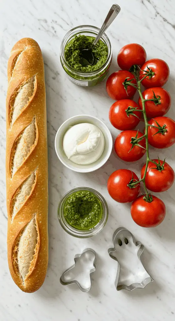 The simple, fresh ingredients for the easy and spooky Caprese Crostini Ghosts recipe.