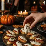 A large platter of homemade, spooky, and chic Caprese Ghost Crostini being served at a fun and sophisticated Halloween party.