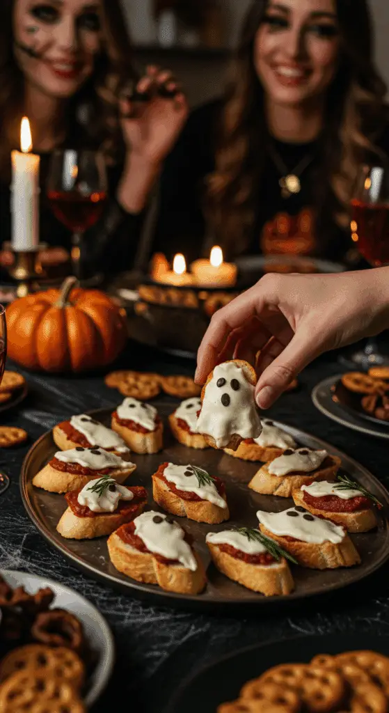 A large platter of homemade, spooky, and chic Caprese Ghost Crostini being served at a fun and sophisticated Halloween party.