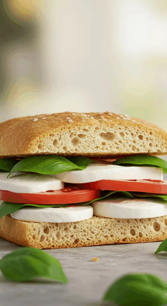 A beautiful, homemade, fresh, and authentic Caprese Sandwich, cut in half to show the distinct layers of fresh mozzarella, ripe tomato, and basil.