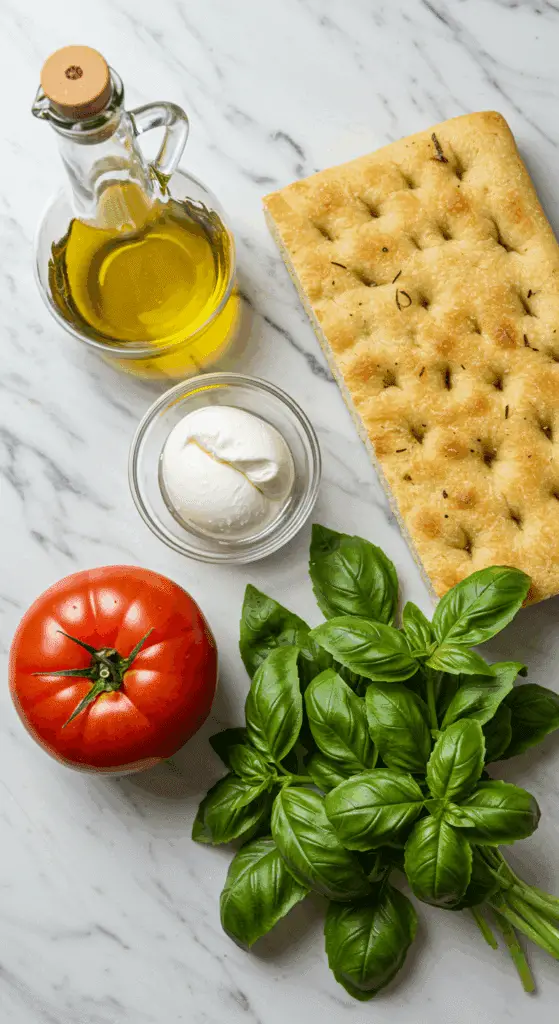 The simple, fresh ingredients for the classic and authentic Caprese Sandwich recipe.