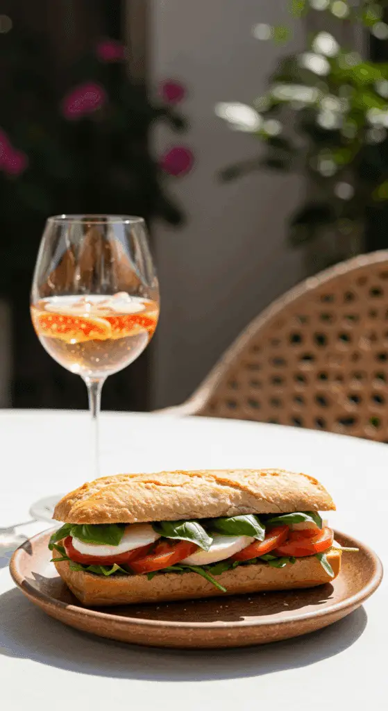 An elegant plate of a homemade, fresh Caprese Sandwich being enjoyed for a healthy lunch on a sunny patio.