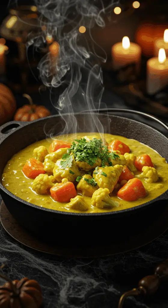 A beautiful, rustic "cauldron" bowl of homemade, creamy, and golden-yellow Cauldron Curry, with tender chicken and vegetables, for a spooky Halloween dinner.