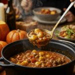 The finished, black Dutch oven "cauldron" of homemade Cauldron Curry being served at a fun family Halloween dinner.