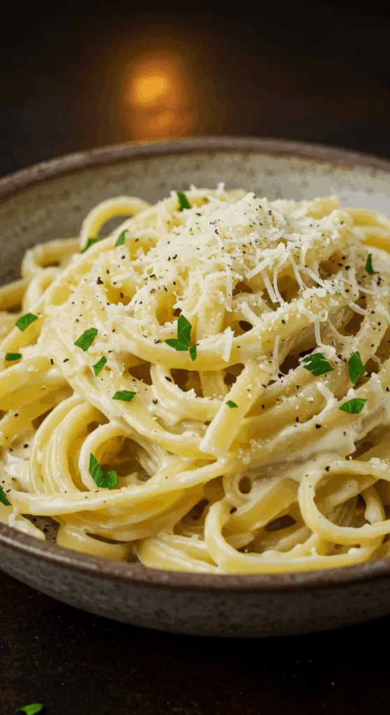 A beautiful, rustic bowl of homemade, creamy, and healthy Cauliflower Alfredo, with a luscious, velvety white sauce coating the fettuccine noodles.
