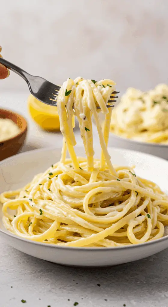 An elegant plate of homemade, creamy Cauliflower Alfredo being enjoyed for a healthy and satisfying dinner.