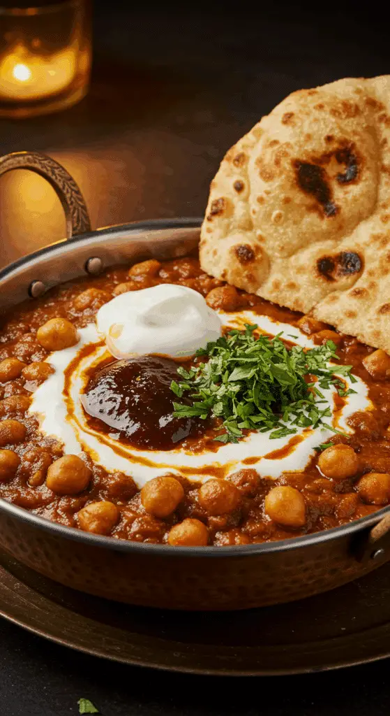 A beautiful, rustic bowl of homemade, authentic, and hearty Chana Masala, garnished with a dollop of yogurt and fresh cilantro.