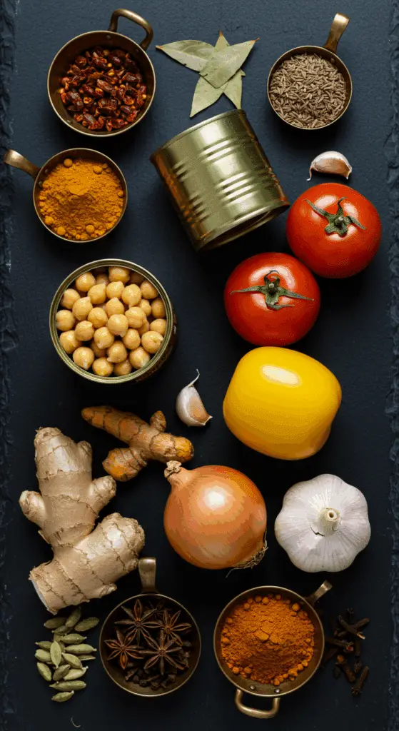 The fresh, from-scratch ingredients for the classic, easy, and authentic Chana Masala recipe.