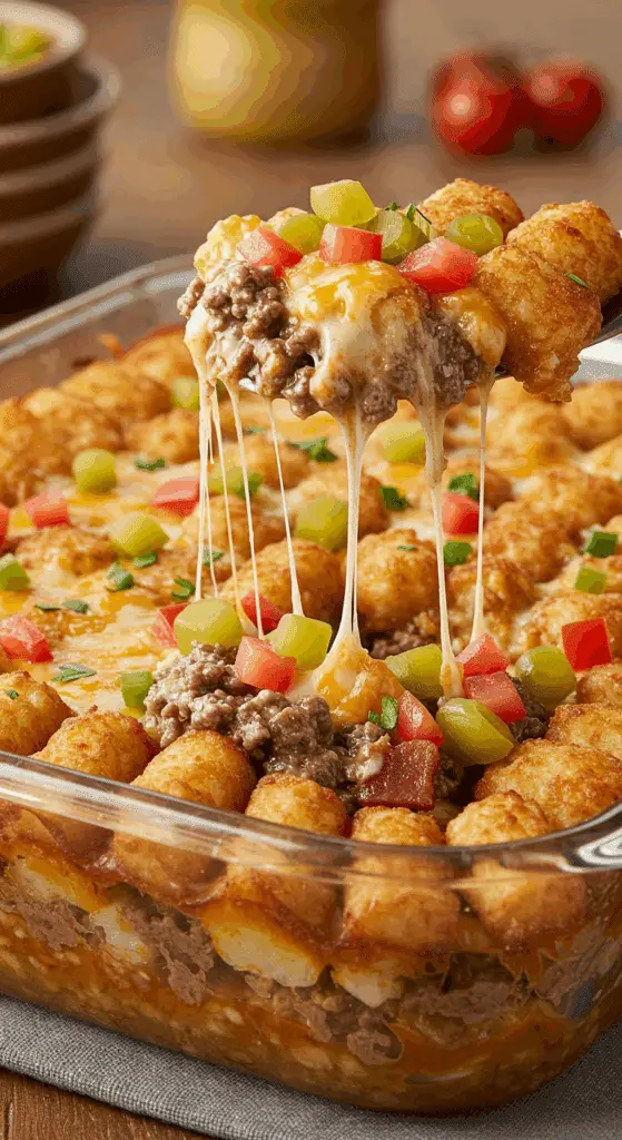 A beautiful, golden-brown homemade Bacon Cheeseburger Tater Tot Casserole in a baking dish with a creamy, cheesy scoop removed.