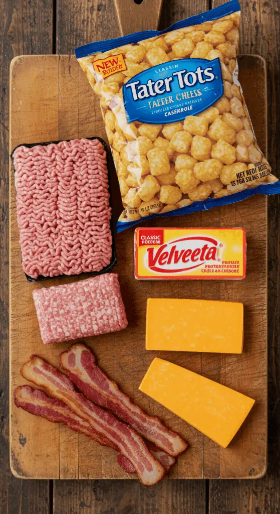 The simple, from-scratch ingredients for the easy and cheesy Bacon Cheeseburger Tater Tot Casserole recipe.