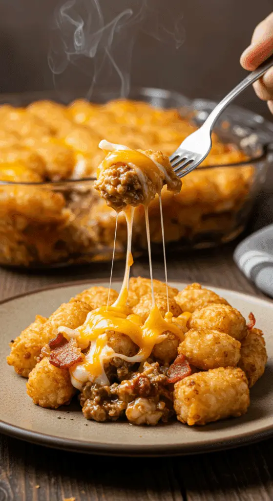 A cozy plate of homemade, cheesy Bacon Cheeseburger Tater Tot Casserole being served for a family dinner.